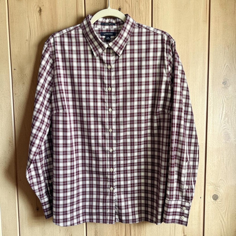 Lands' End Button Up Shirt Women's 18 100% Supima Cotton Plaid No Iron Office